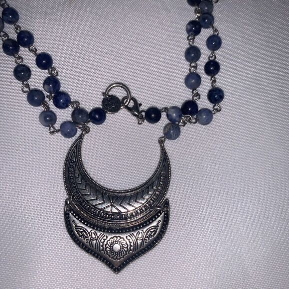 Marlyn Schiff Beaded Pendent boho Necklace Natural Stone beads dark blue/light - Picture 3 of 6